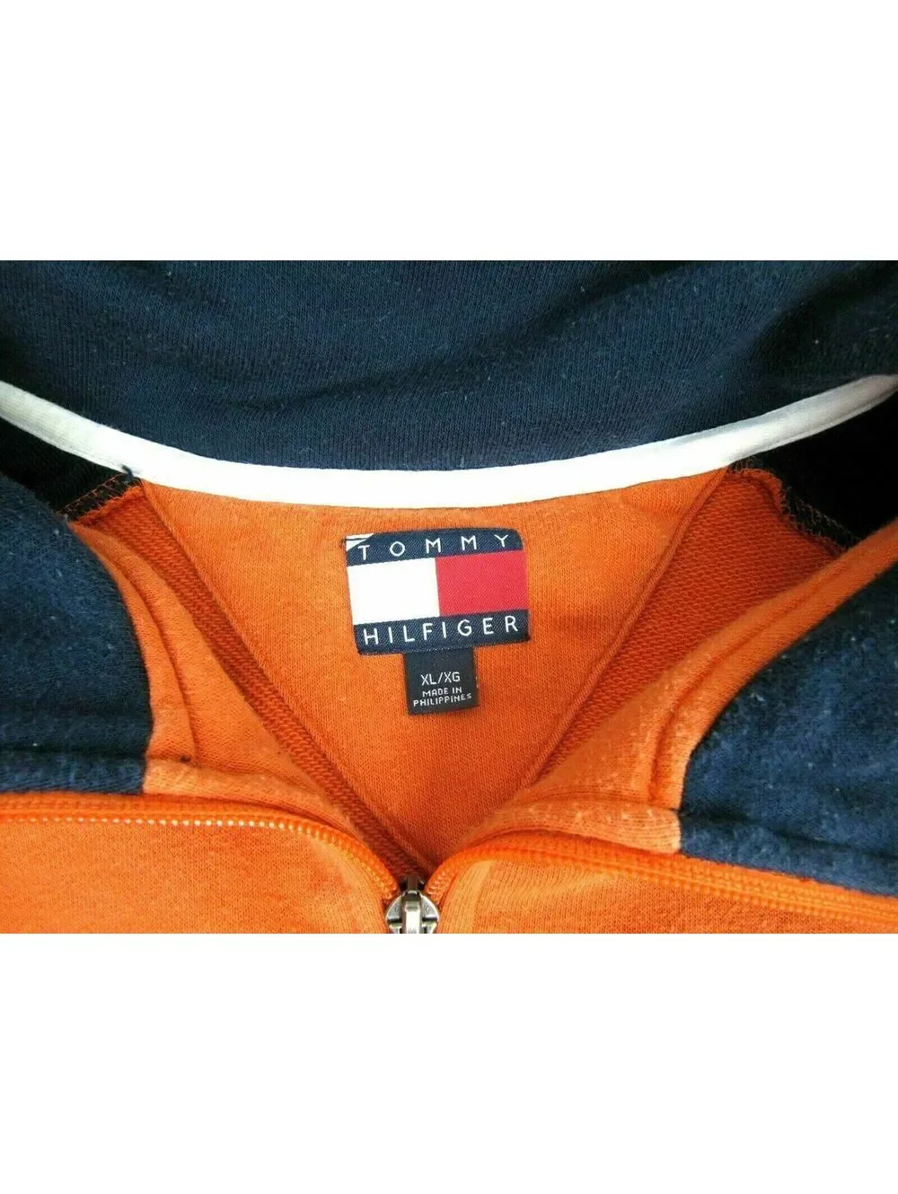 Tommy Hilfiger XL Orange Navy Blue Quarter Zip Fleece Pullover Sweatshirt 24x29